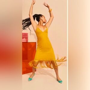 Zara Mustard Yellow Fringe Hem Sleeveless Midi Dress Large